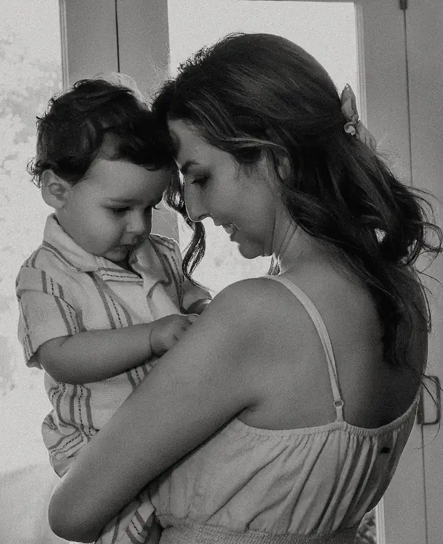 Mother and child in a black and white portrait