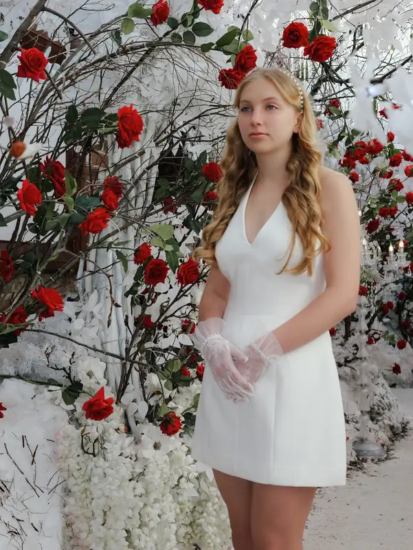 Modern editorial portrait with floral styling