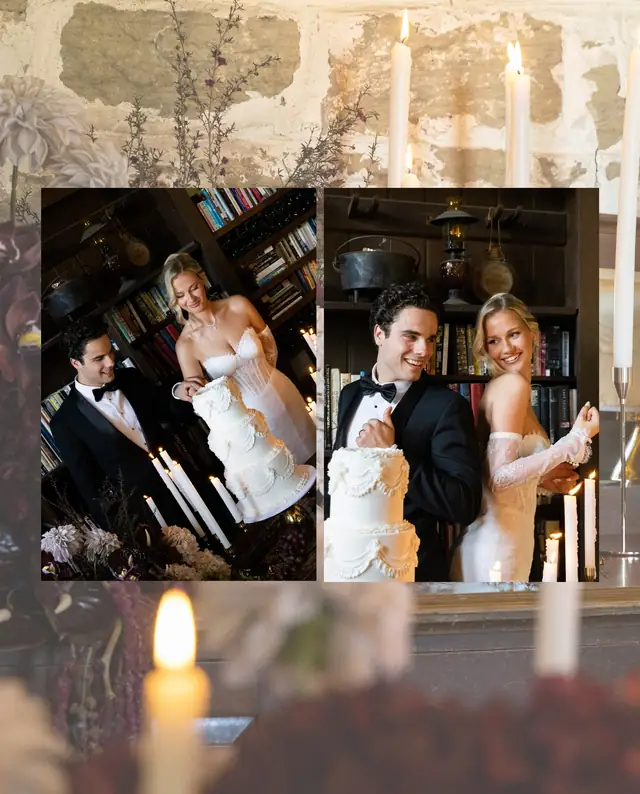 Editorial event collage with cake and candlelight